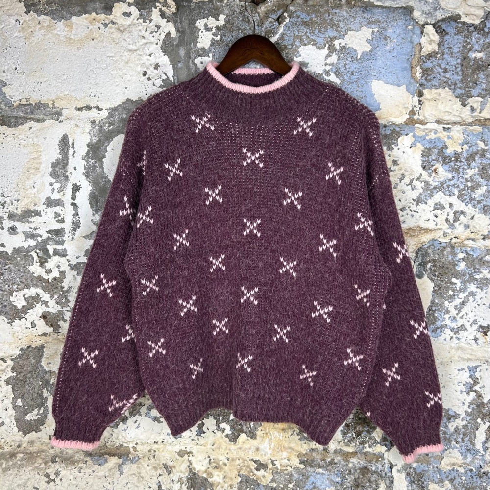 Vintage Paris Sport Club Knit Sweater Womens L Purple Fuzzy Knit Cross Pattern
